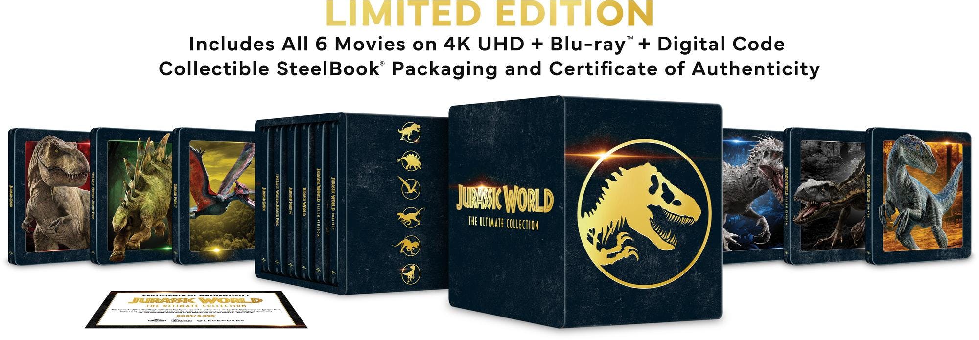 Jurassic World Ultimate Collection 4K steelbook set with six embossed metal cases fanned out beside the outer slipcase