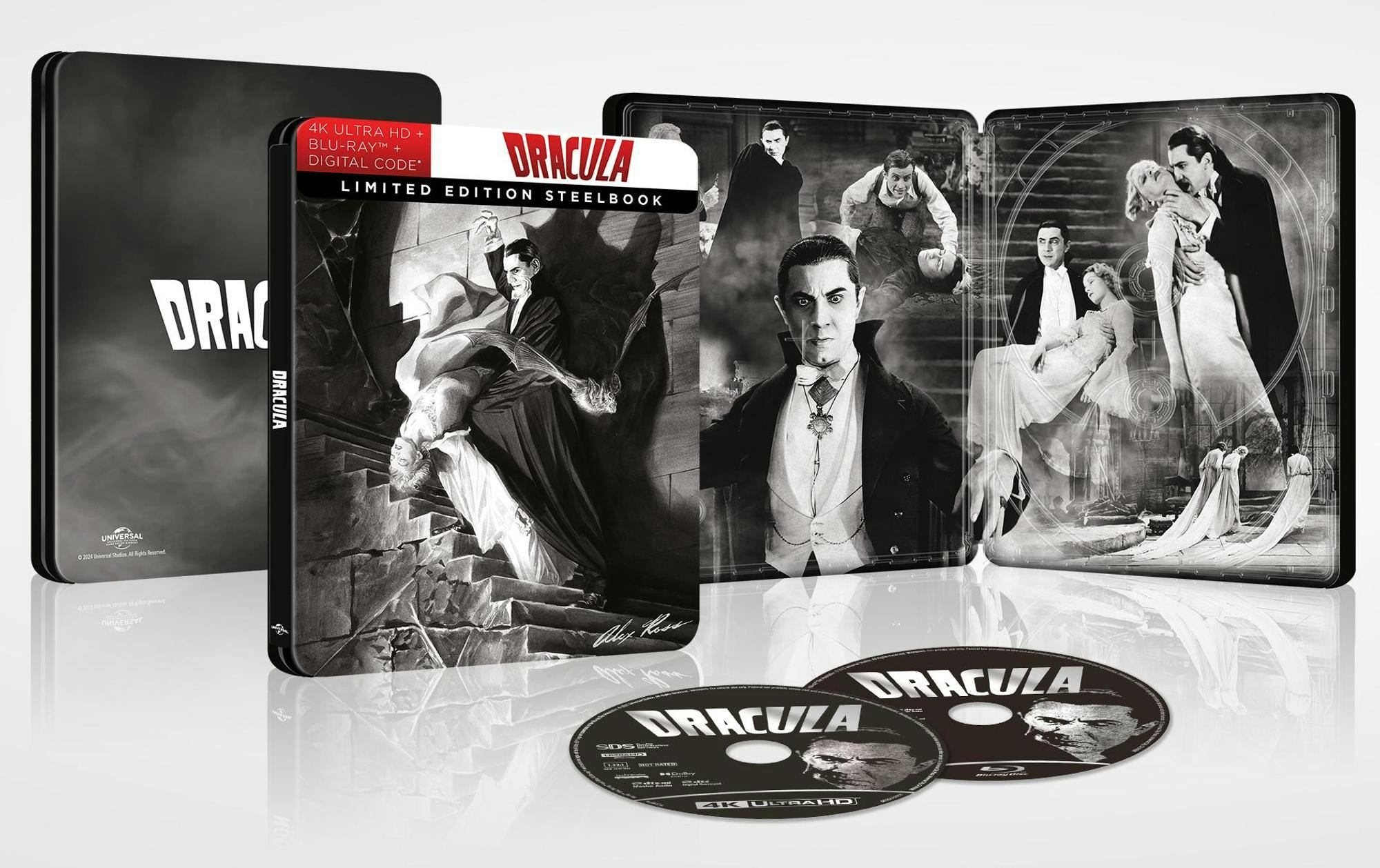 Limited edition Dracula 4K Ultra HD steelbook shown open and closed, the Alex Ross painted cover on the front and black and white film stills printed across the inside spread, with both discs beside it