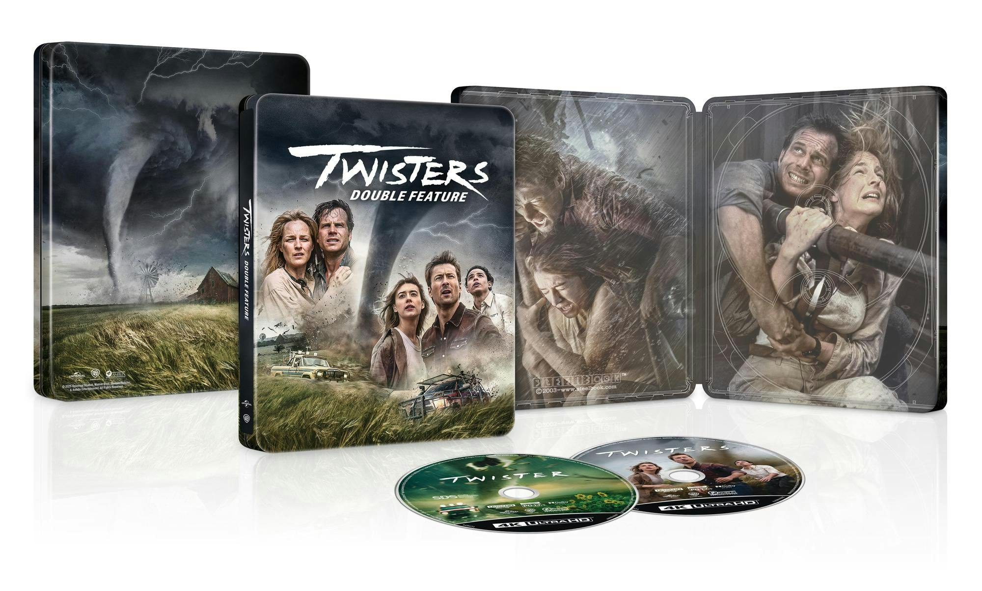 Twisters Double Feature limited edition 4K Ultra HD steelbook shown open at an angle with two discs and printed interior artwork