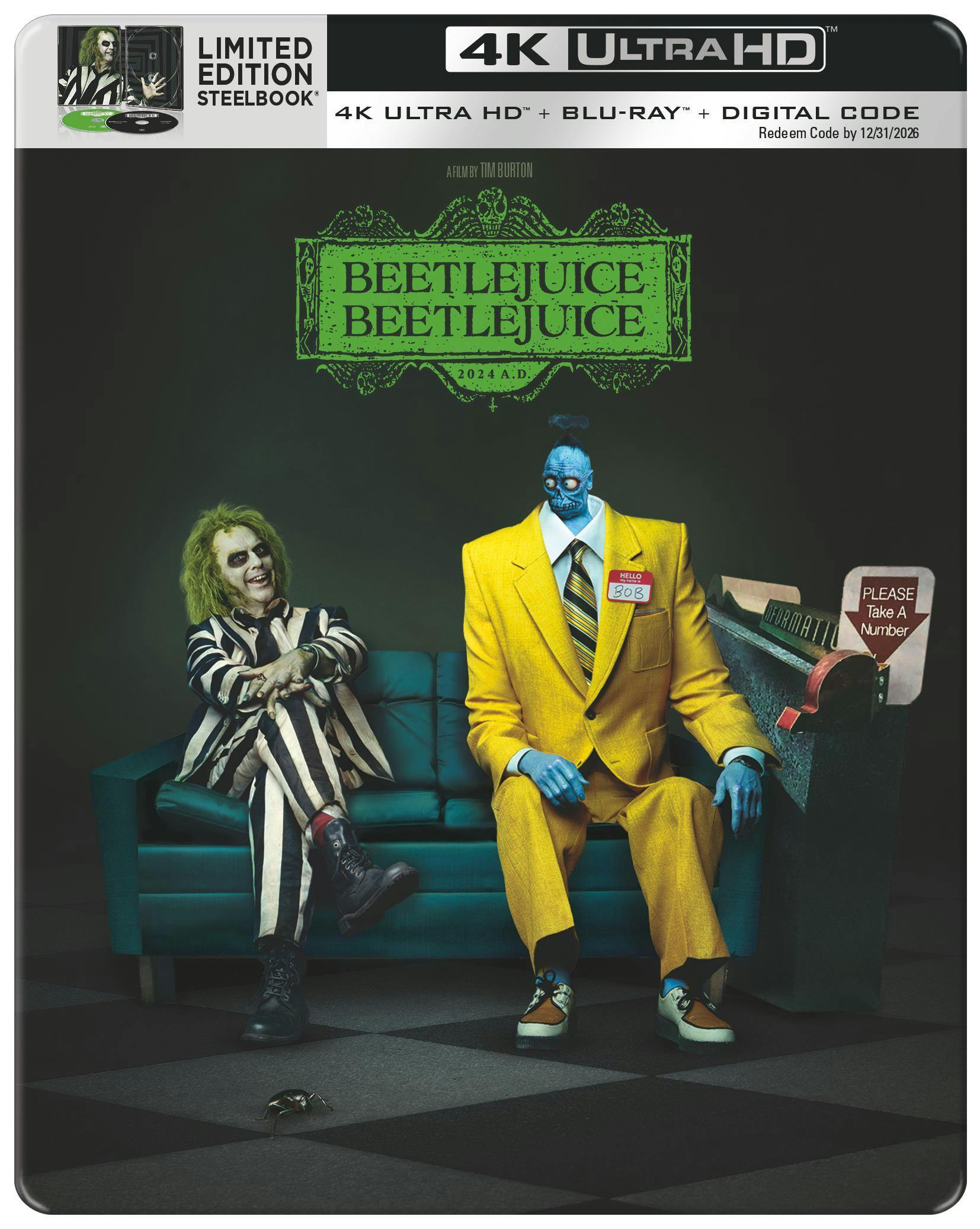 Beetlejuice Beetlejuice limited edition 4K Ultra HD steelbook with Blu-ray and digital, the metal case shown upright with its cover artwork
