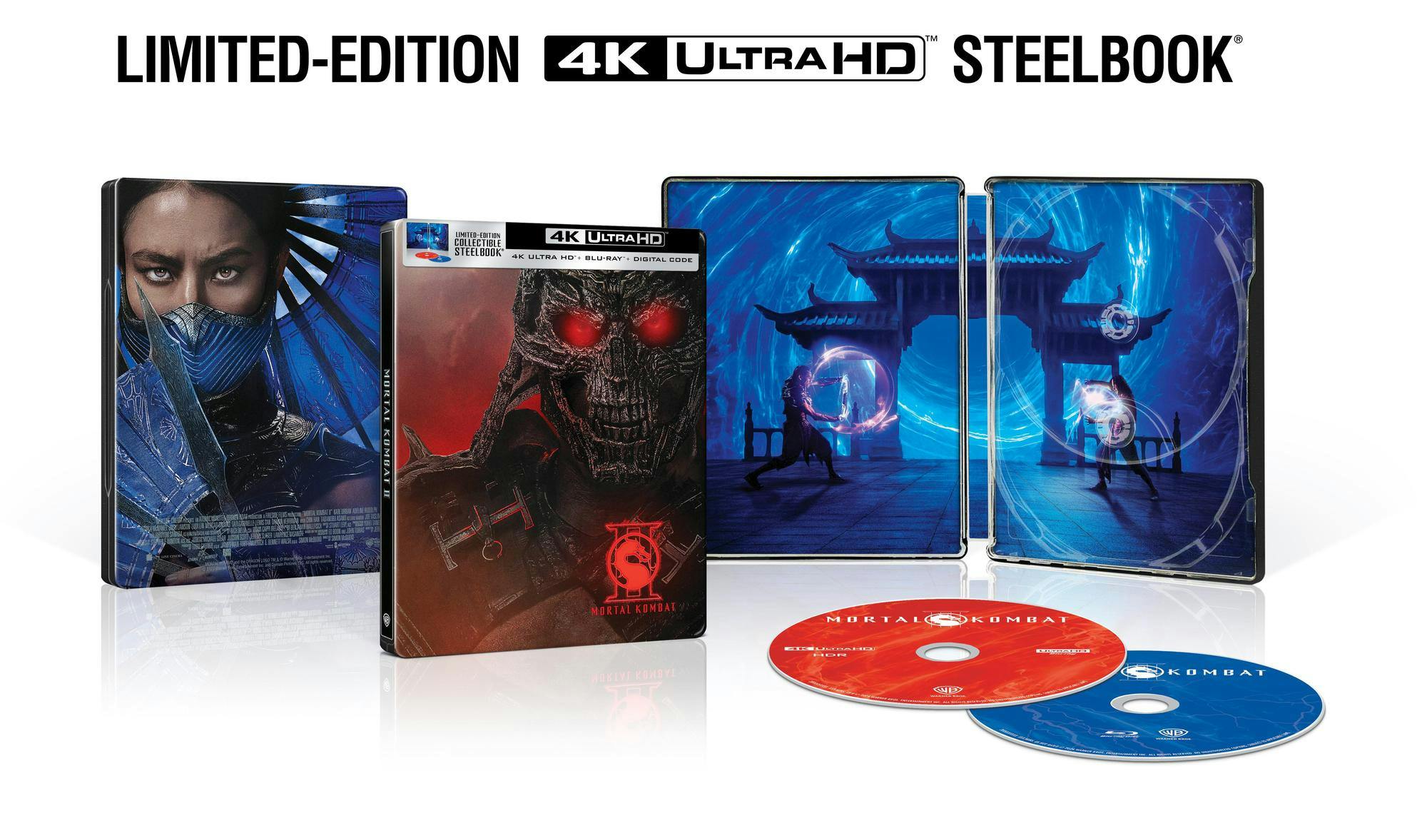 Mortal Kombat 2 limited edition 4K Ultra HD steelbook shown open at an angle with two discs and printed interior artwork