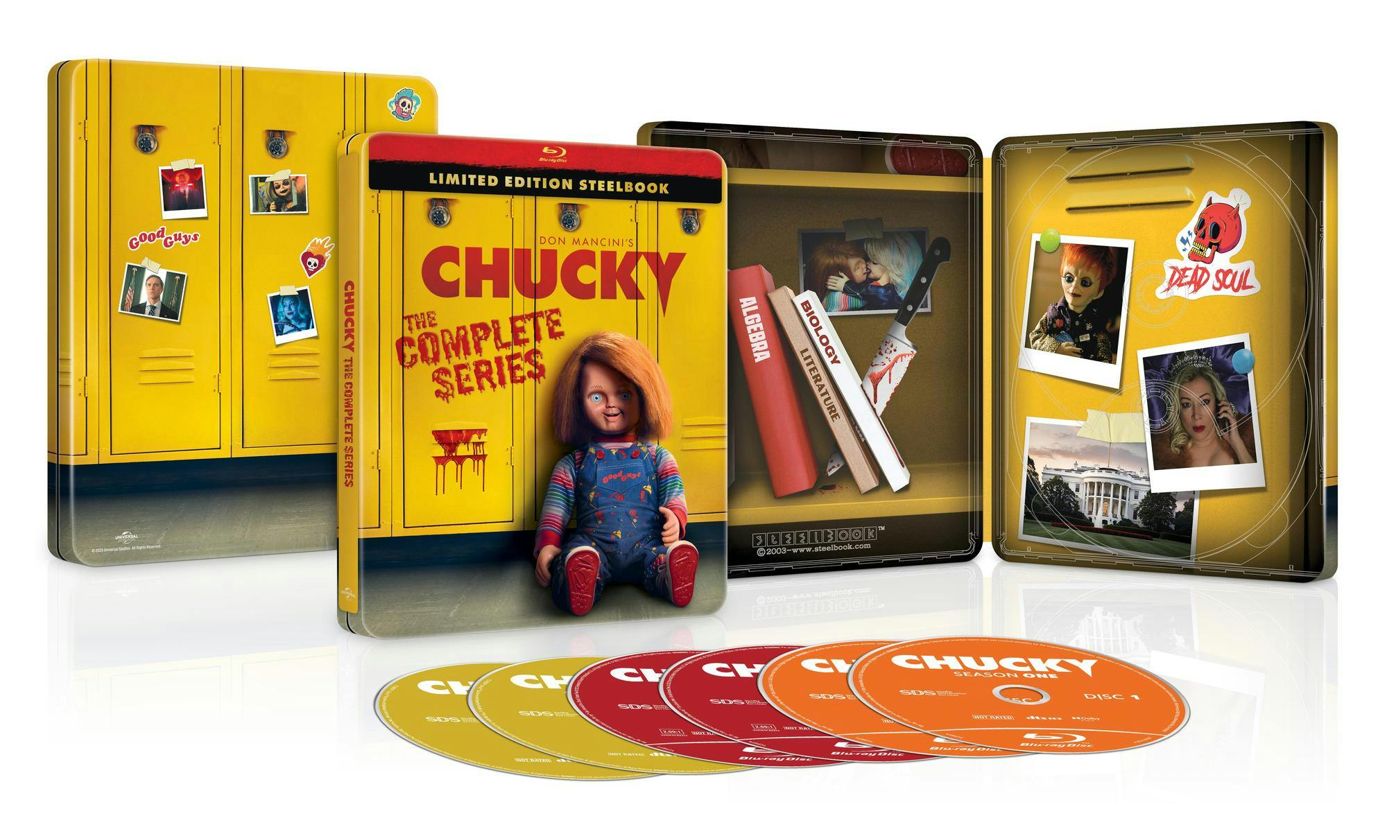 Chucky The Complete Series limited edition steelbook opened to show printed interior artwork and four discs on moulded hubs