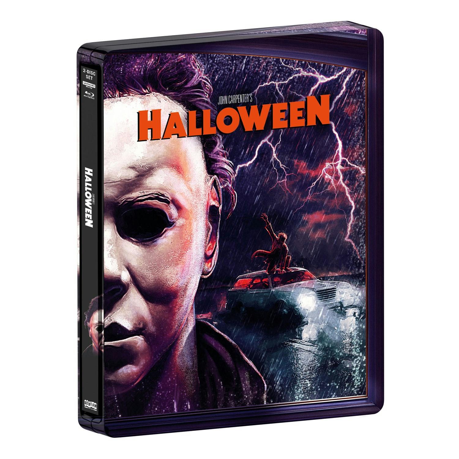 Limited edition 4K Ultra HD steelbook of Halloween, the embossed metal case shown at an angle with the disc artwork on the front