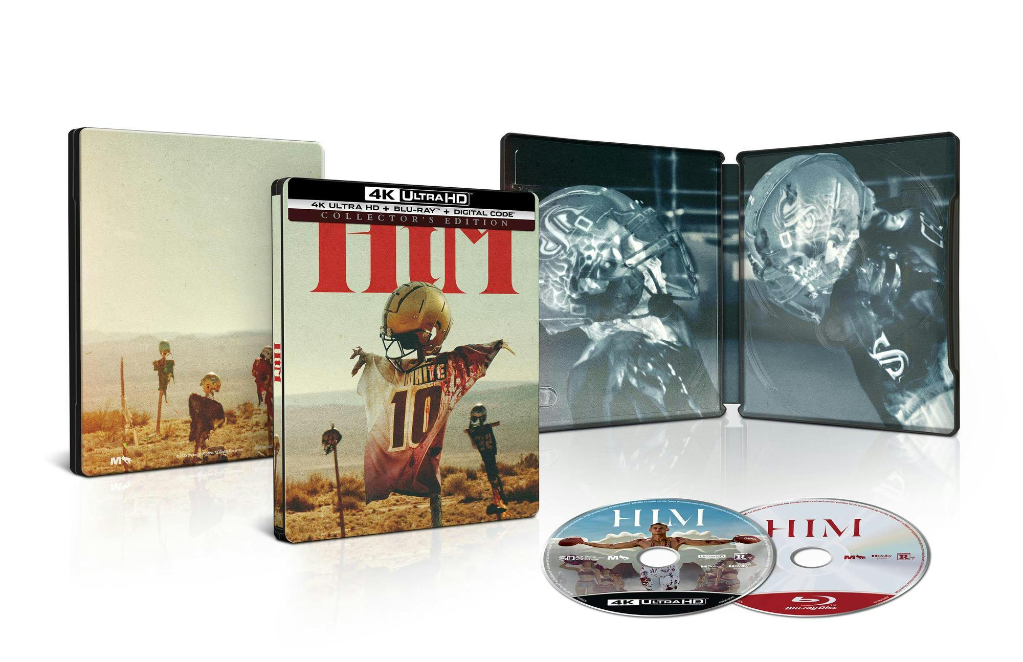 Him limited edition 4K Ultra HD steelbook shown at an angle with the embossed metal case and its discs