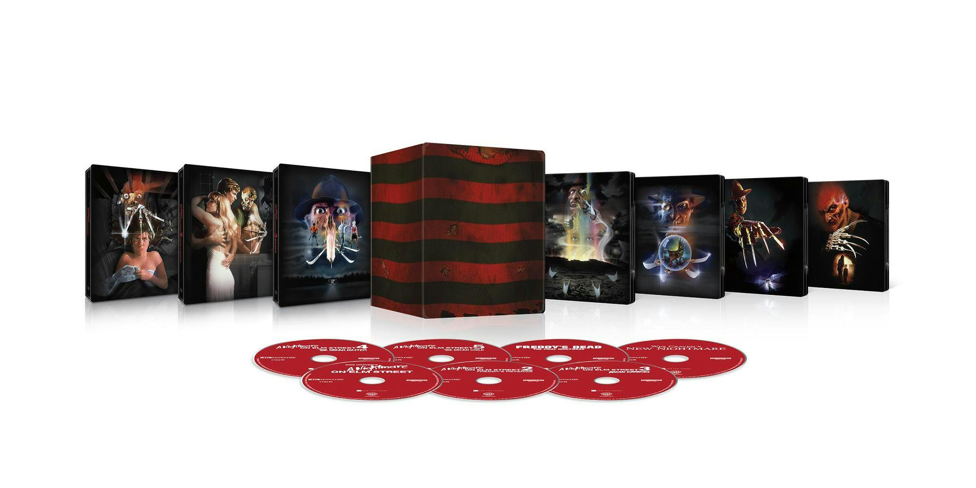 A Nightmare on Elm Street seven-film collection limited edition 4K steelbook set with the metal cases fanned out beside red discs