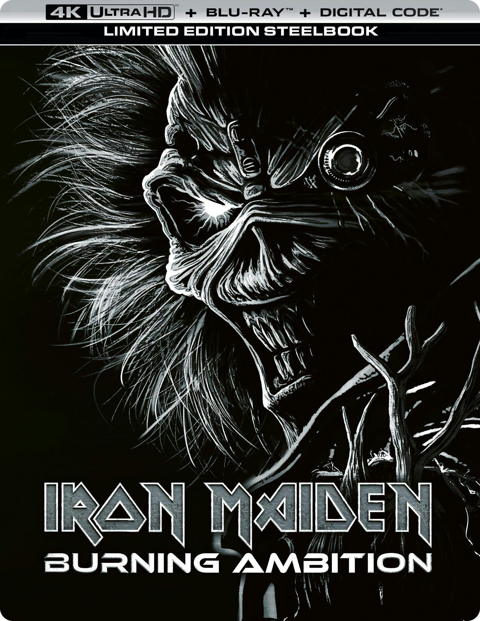 Iron Maiden Burning Ambition limited edition 4K Ultra HD steelbook front artwork with the 4K Ultra HD format banner across the top